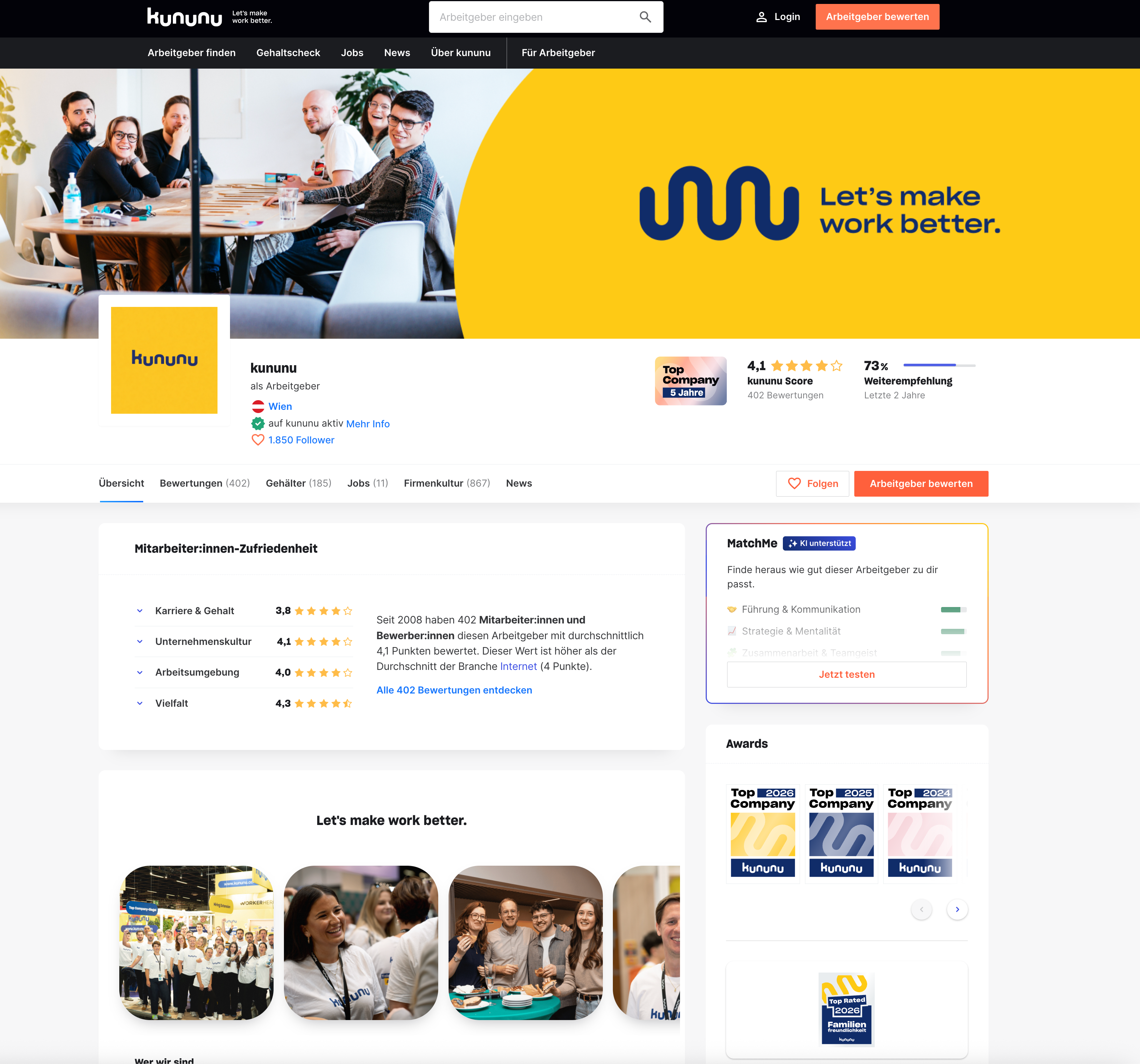 kununu company profile before the AI summary feature: overview tab with no summary