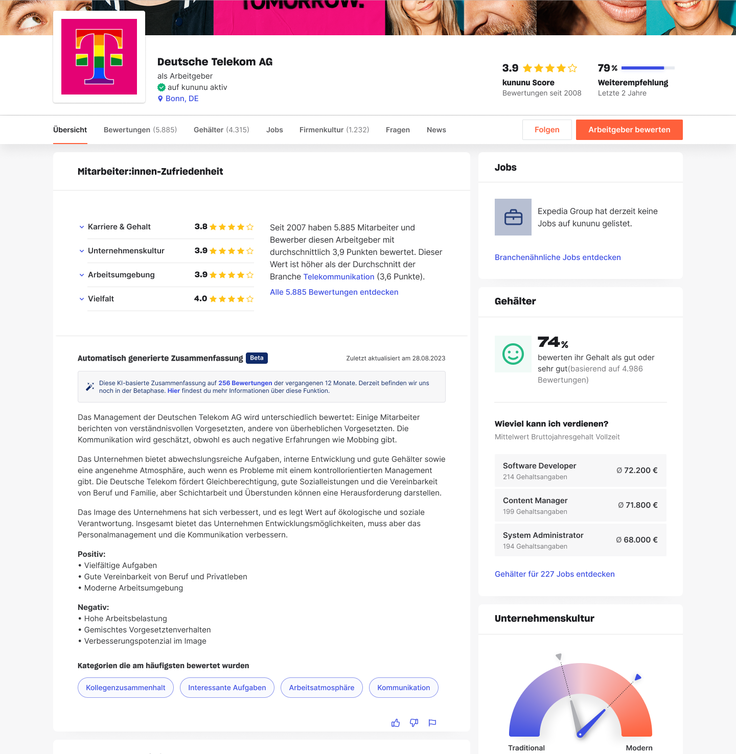 V1 design: AI summary on the Overview tab of the kununu company profile